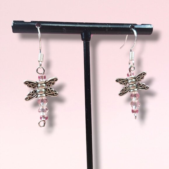 Silver-Toned Dragonfly Dangle Earrings with Pink Crystal Beads - Picture 4 of 11